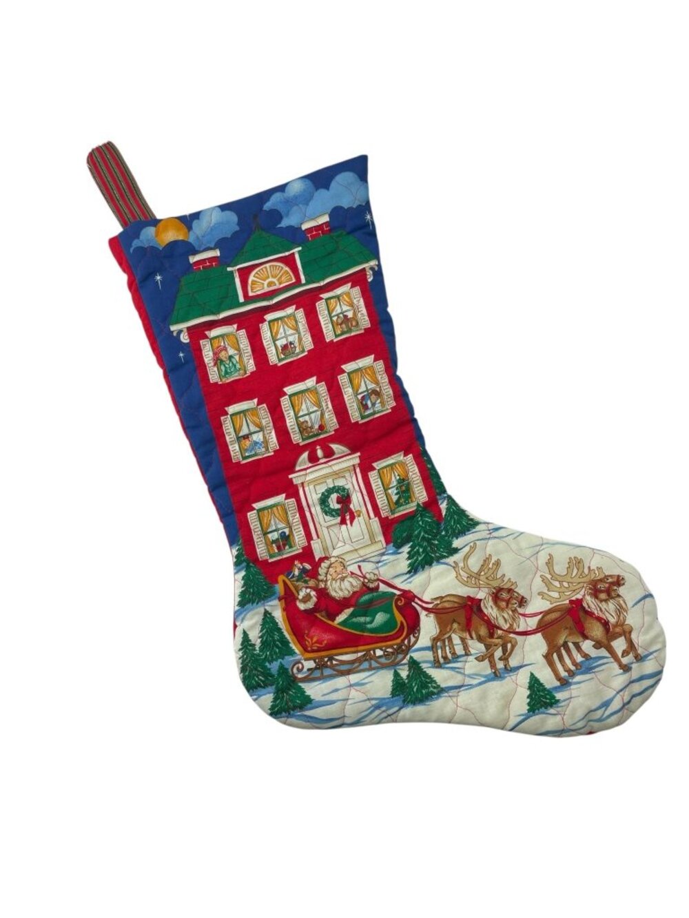 Handmade Quilted Christmas Stocking with Santa Sleigh and House Design 24in